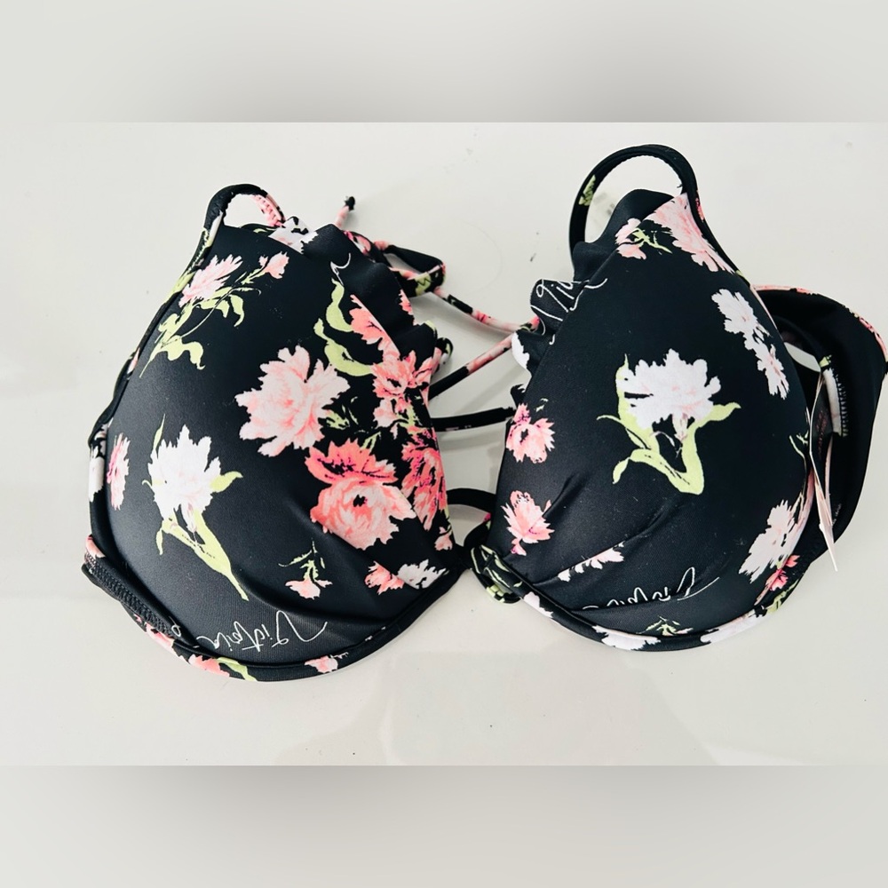 New Victoria Secrets Bikni Top Black Floral Size 34C Women